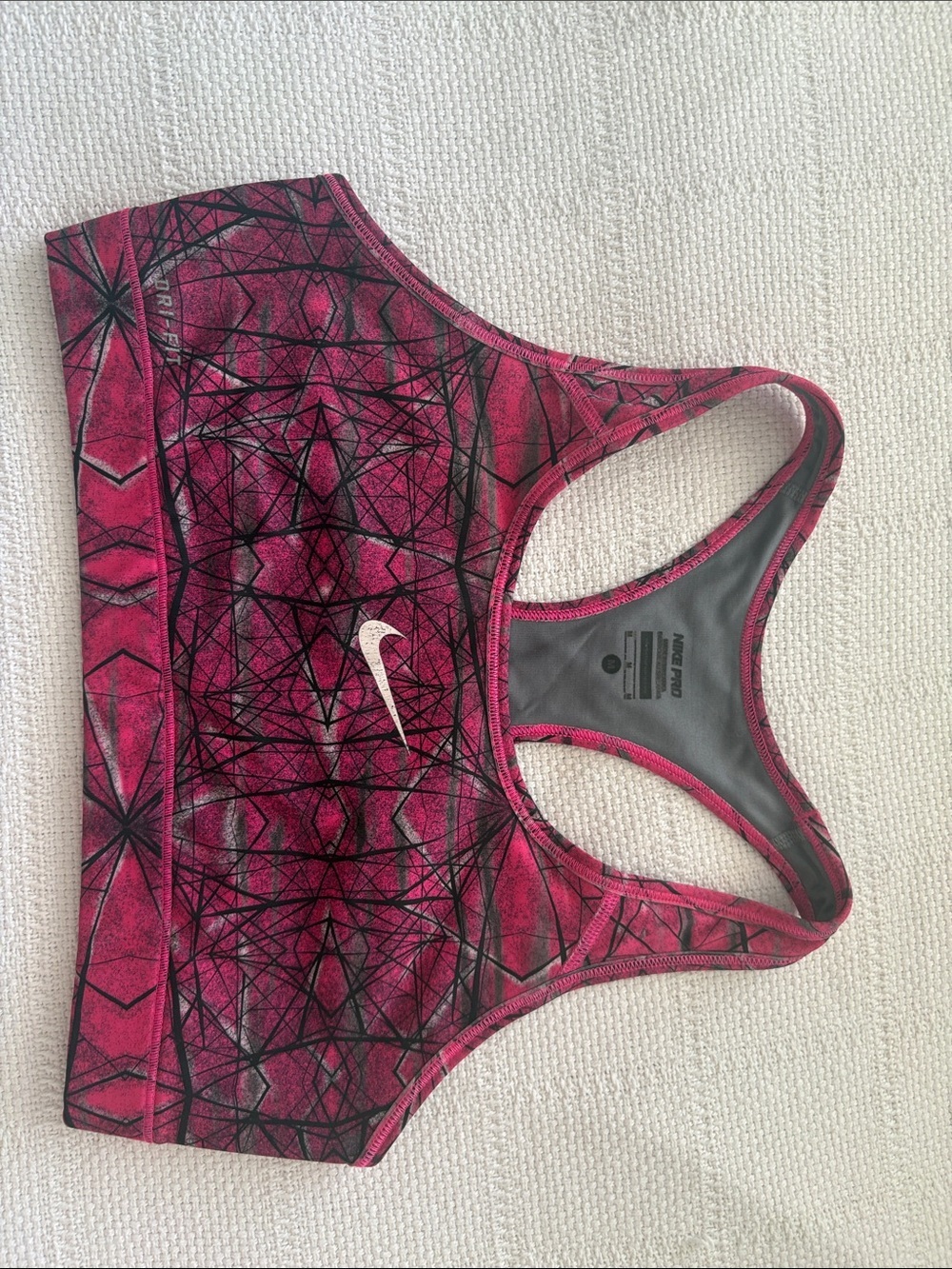 NIKE PRO DRI FIT Womens Active Fitness Sports Bra Geometric Print Pink Black
